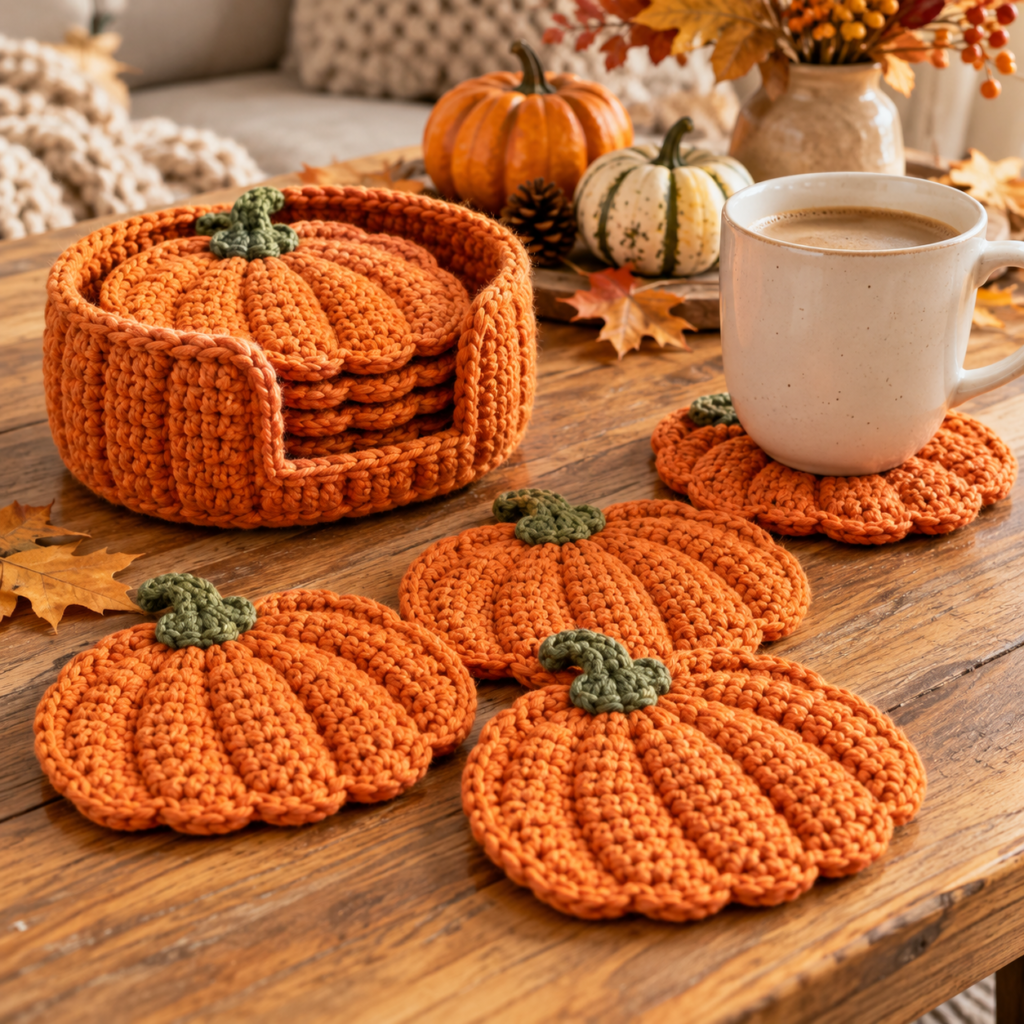 Halloween Crochet Ideas with orange pumpkin crochet coasters and a matching holder on a wooden coffee table