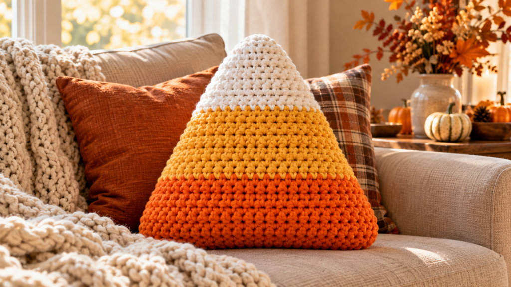 Halloween Crochet Ideas featuring a chunky candy corn crochet pillow in white, yellow, and orange