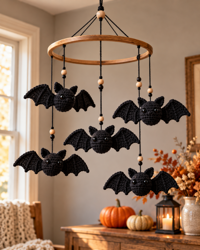 Halloween Crochet Ideas featuring five handmade black crochet bats hanging from a natural wooden hoop