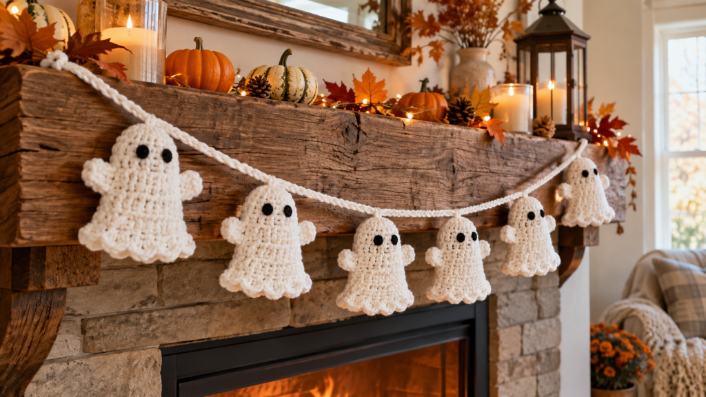 Halloween Crochet Ideas featuring a handmade white crochet ghost garland on a rustic fireplace mantel