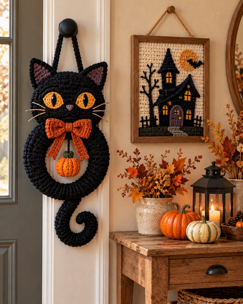Halloween Crochet Ideas featuring a black crochet cat door hanger with golden eyes and haunted house crochet wall art
