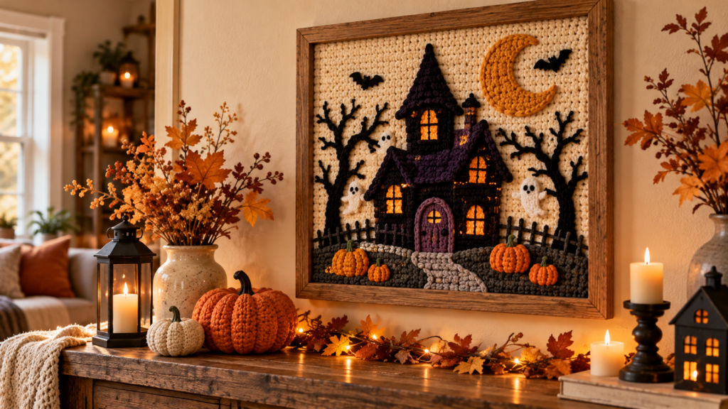 Halloween Crochet Ideas featuring framed crochet haunted house wall art with ghosts, bats, and a crescent moon