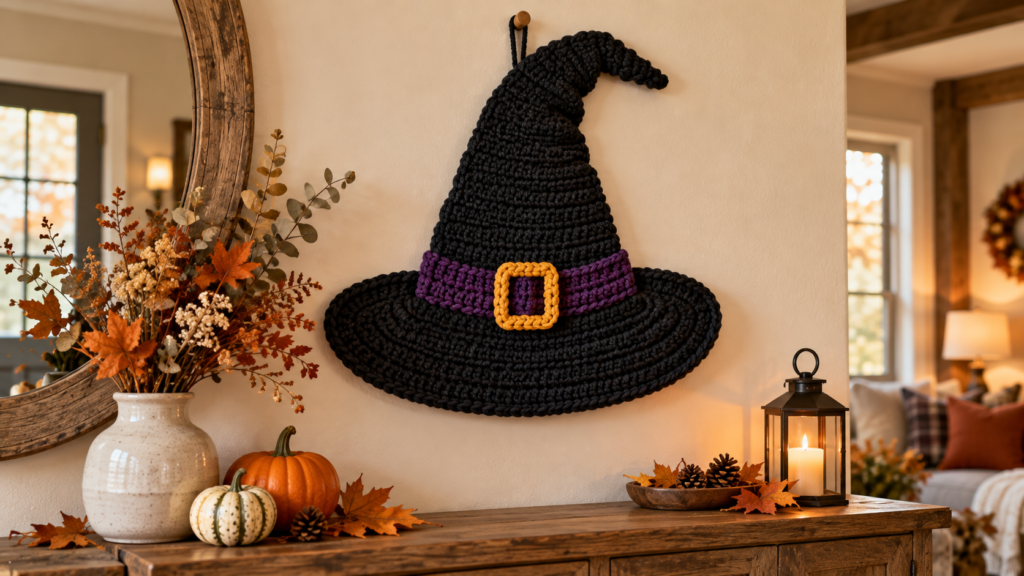 Halloween Crochet Ideas featuring a black crochet witch hat wall hanging with a purple band and golden buckle