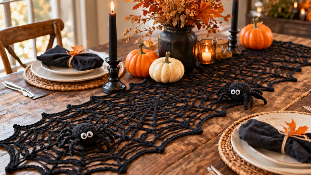 Halloween Crochet Ideas featuring a black crochet spiderweb table runner with small crocheted spiders