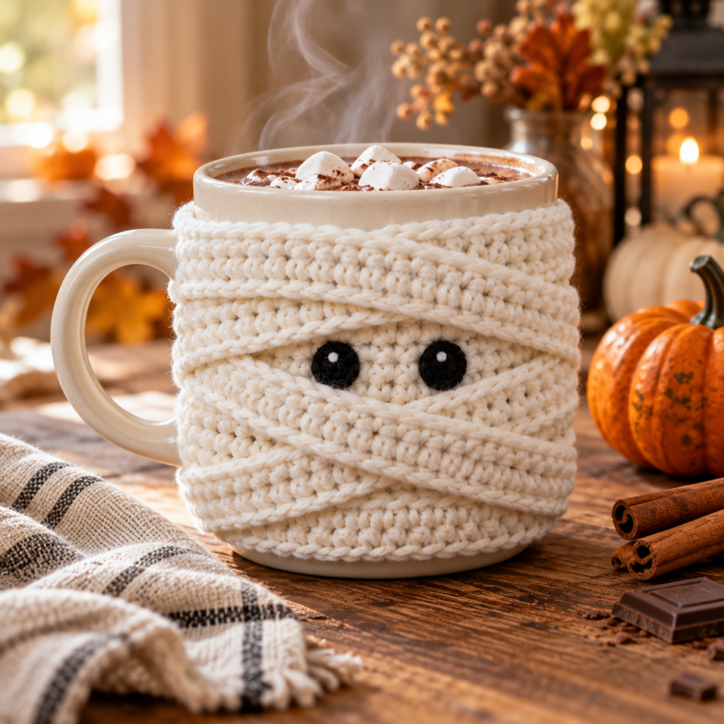 Halloween Crochet Ideas featuring a white crochet mummy mug cozy with embroidered black eyes