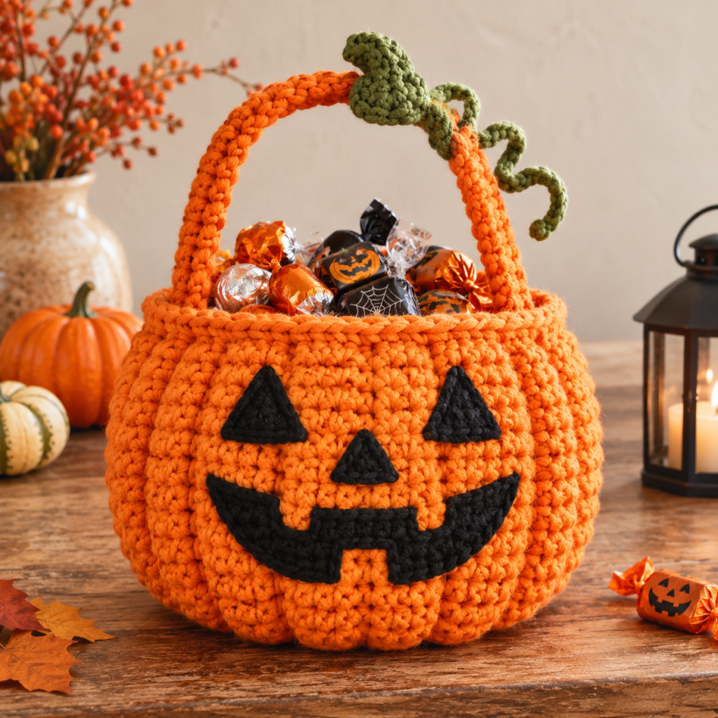 Halloween Crochet Ideas featuring an orange crochet jack-o-lantern basket filled with Halloween candy