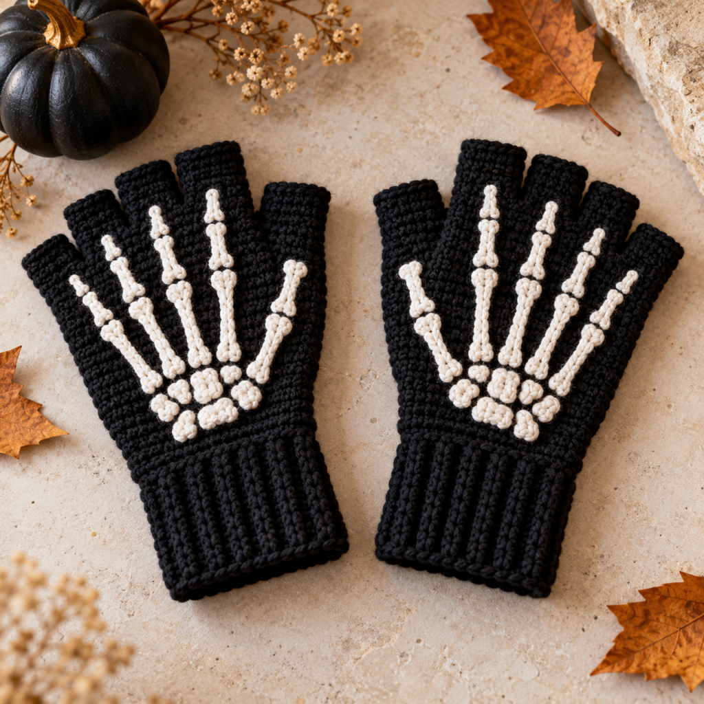 Halloween Crochet Ideas featuring black crochet fingerless gloves with white skeleton bone motifs